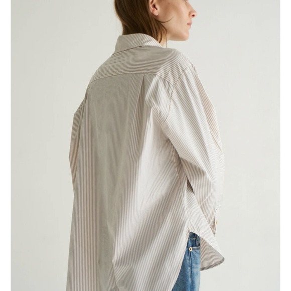 NWT Jamie Haller The Weekend Button Down Cotton Poplin Shirt Tan Stripe - Picture 2 of 5